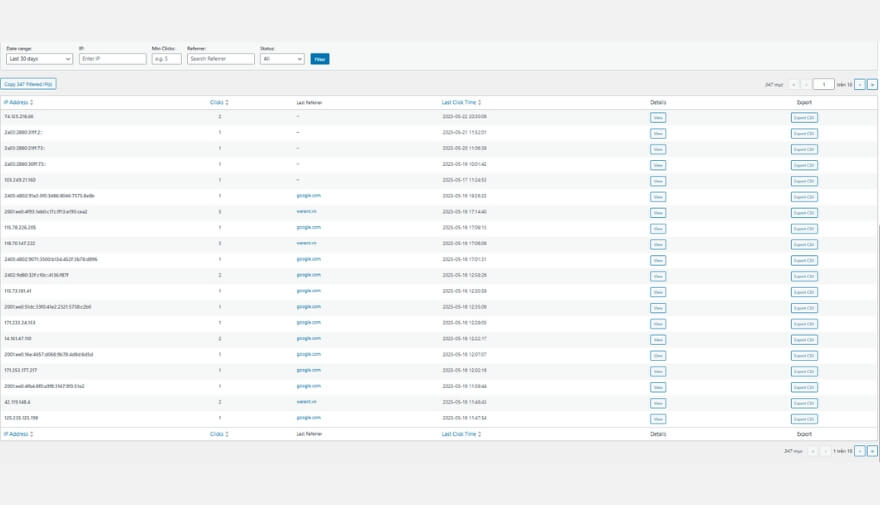 Thay vì tự động chặn mù mờ, Ad Click Shield ghi lại toàn bộ các lượt nhấp vào quảng cáo, hiển thị rõ địa chỉ IP, quốc gia, thời gian và thiết bị truy cập.