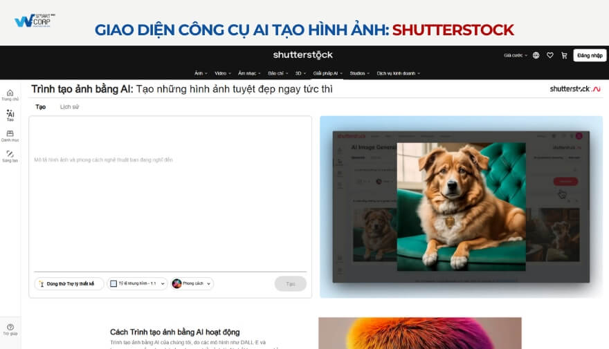 Shutterstock - Tạo ảnh bằng AI miễn phí: Tính năng tạo ảnh AI của Shutterstock giúp bạn dễ dàng biến văn bản thành những hình ảnh đẹp và đa dụng, phù hợp cho thiết kế, marketing hay giáo dục.