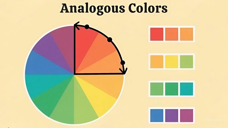 Nguyên tắc phối màu tương đồng (Analogous): Nguyên tắc phối màu Analogous sẽ kết hợp 3 màu liền kề trong một vòng tròn màu, gồm màu chủ đạo, màu khác biệt và màu tập trung. 