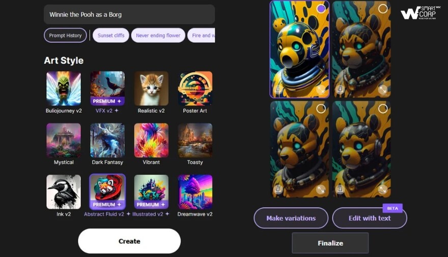 Dream by WOMBO: App này mạnh về phong cách nghệ thuật. Người dùng chỉ cần nhập ý tưởng, AI sẽ biến thành tranh vẽ ngay trong tích tắc.