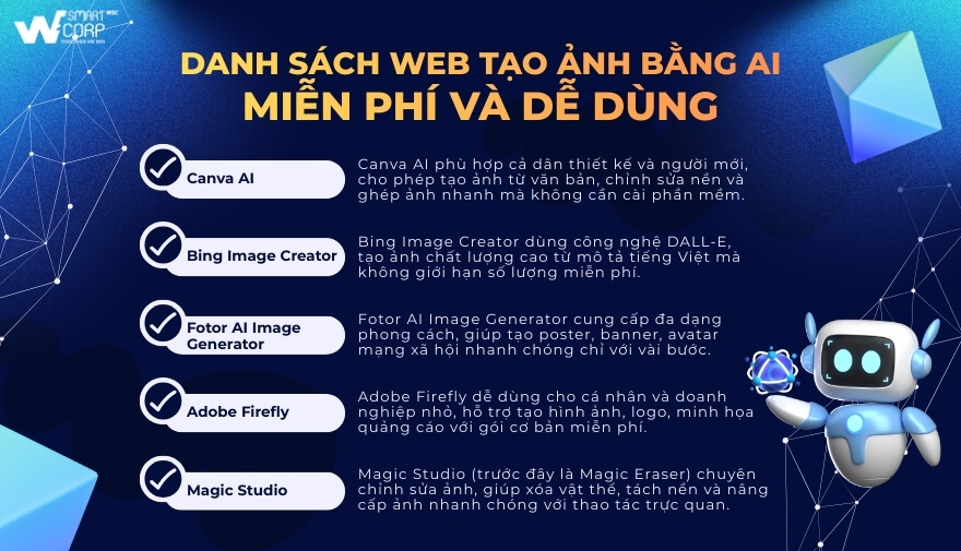 Hướng Dẫn Tạo Ảnh Bằng Ai: Tất Tần Tật Từ A Đến Z 7 Hiện nay, các web tạo ảnh bằng AI miễn phí và dễ sử dụng ngày càng phổ biến tại Việt Nam. Người dùng chỉ cần truy cập trang web, chọn mẫu có sẵn hoặc tải ảnh lên, nhập vài từ khóa là đã có thể nhận về sản phẩm sáng tạo độc đáo